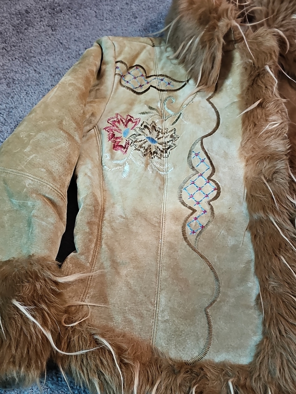 Y2K XOXO Heavily Embroidered Genuine Suede Leather Jacket Penny Lane Style Sz L - Picture 2 of 15